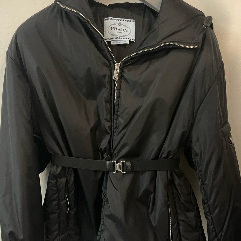 Prada Black Quilted Nylon Hooded Belted Coat